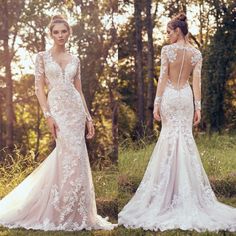 two women in wedding gowns standing in the grass, one wearing an open back dress