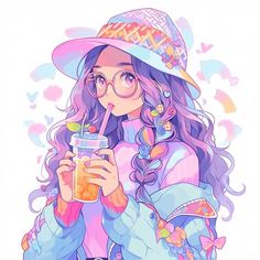 a girl with long hair wearing glasses and a hat holding a drink in her hand