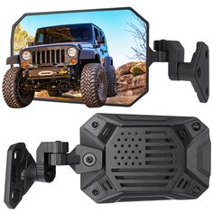 an image of a car mirror with a jeep in the back ground and a camera attached to it