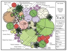 an image of a garden design with umbrellas and flowers on it's ground