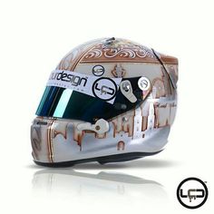 the helmet is designed to look like it has been painted with brown and white designs