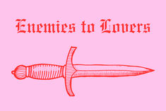 an outline of a dagger in red, text above reads enemies to lovers Book Journals, Fantasy Romance, Pink Design