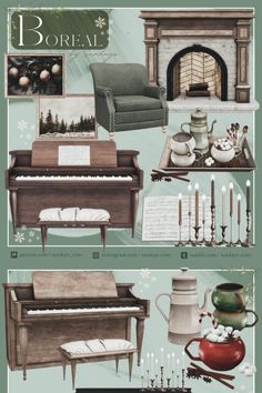 an old fashioned piano is surrounded by christmas decorations and other things to decorate it for the holiday season