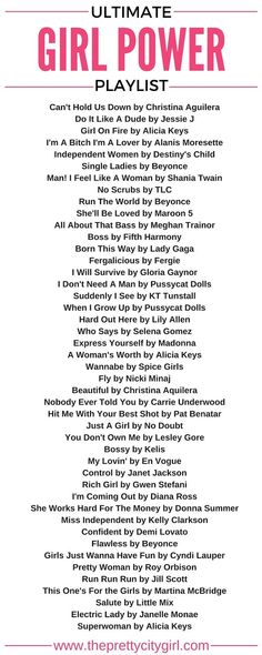 the ultimate girl power playlist is shown in pink and white, with words above it