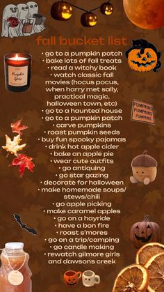 a poster with pumpkins, candles and other decorations on it's side that says fall bucket list