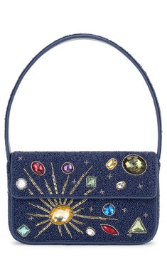 This shoulder bag, intricately beaded in a playful motif and edged with faux-leather piping, brings a retro vibe to your look. Magnetic-snap flap closure Top carry handle Exterior slip pocket Interior zip pocket Lined Textile with synthetic trim Imported Designer Staud Rectangular Shoulder Bag, Designer Rectangular Staud Shoulder Bag, Tommy Beaded Bag, Beaded Shoulder Bag, Custom Handbags, Beaded Bag, Crossbody Clutch, Beaded Bags, Retro Vibe