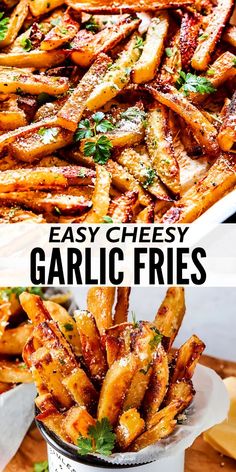 easy cheesy garlic fries with parmesan cheese and parsley on top