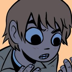 a cartoon boy with big eyes making a hand gesture