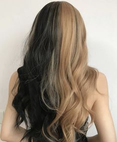 Mixed Hair Dye Ideas, Split Dyed Hair Natural Colour, Sectioned Hair Dye, Brown Split Dye, Stripe Hair, Hair Goal, Oc Board