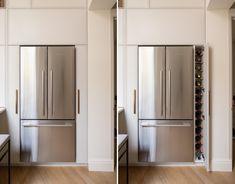 two pictures of refrigerators in a kitchen with wood flooring