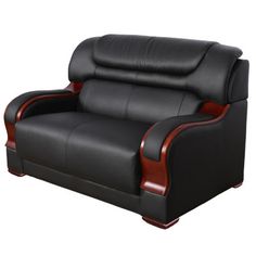 a black and brown leather reclining chair with wood trimming on the armrests