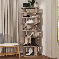 a corner shelf with several pairs of shoes on it and a chair next to it