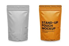 two bags of stand up pouches next to each other on a white and orange background