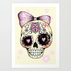 a sugar skull with pink bows on it's head and flowers in the background