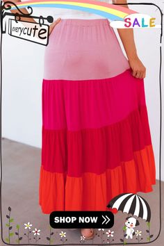 Pink Color Block Tiered Drawstring High Waist Maxi Skirt Striped Tiered Skirt For Summer, Spring Beach Striped Skirt, Color Block Skirt For Summer, Summer Striped Flowy Skirt, Multicolor Color Block Skirt For Summer, Striped Skirt For Spring Vacation, Spring Vacation Striped Skirt, Summer Multicolor Color Block Skirt, Spring Color Block Skirt