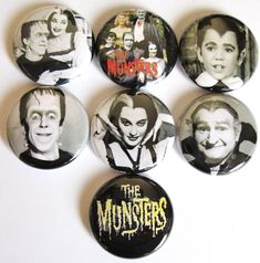 six button badges with the faces of actors from the tv show the munsters on them