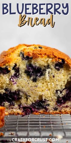 blueberry bread on a cooling rack with text overlay