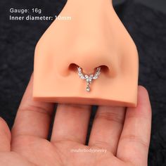 a person holding a fake nose ring in their hand with an inner diamer on it