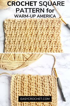 the crochet square pattern for warm up america is shown in two different views