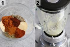 two pictures side by side showing spices in a blender and seasonings in a bowl