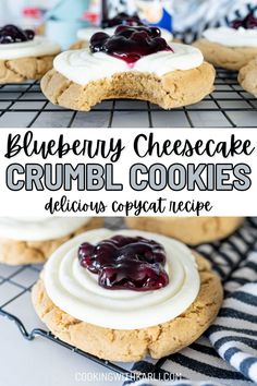 blueberry cheesecake crumbl cookies with white icing on a cooling rack