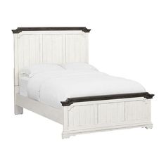 a white bed with wooden headboard and foot board on top of it, against a white background