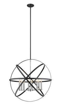 a circular chandelier with four lights hanging from the ceiling, and one light fixture on