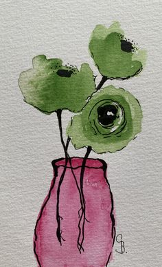 a watercolor painting of green flowers in a pink vase