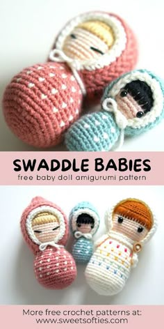 three crocheted dolls are sitting next to each other with the words, swaddle babies free baby doll amigurmi pattern