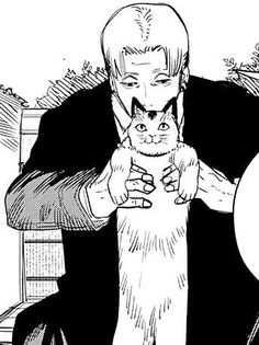 a black and white drawing of a man holding a cat