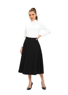 This classic black knee-length skirt is the perfect addition to any wardrobe. Its simple and timeless design makes it versatile and easy to wear for any occasion. The skirt falls at the knee, making it an appropriate and modest length. The A-line cut of the skirt creates a flattering silhouette and comfortable fit. It is made with a lightweight and breathable fabric that will keep you cool and comfortable all day long. It is available in sizes XS to XL, and with a length of 31 inches, it can acc A Line Cut, Black Knees, Fall Skirts, Knee Length Skirt, Black Skirt, Modest Outfits, Timeless Classic, Classic Black, The Knee