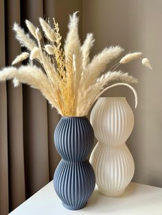 two vases with dried plants in them sitting on a white countertop next to curtains