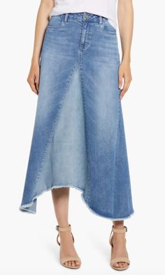 Denim Trends Fall Winter 2023: 10 Styles To Transform A Basic Look – StyleCaster Long Denim Skirt Outfits, Long Denim Skirt Outfit, Double Denim Looks, High Collar Blouse, Big Skirts, Fashion Trend Forecast, Denim Skirt Outfits