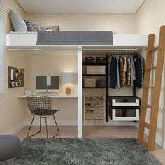 a loft bed with a desk underneath it and shelves below the bed for shoes, clothes, and other items