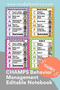 four posters with the words champs behavior, reading and writing in front of them