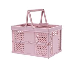 a pink plastic storage box with handles and lattice design on the sides, set against a white background