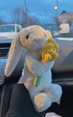 a person holding a stuffed animal in their hand while sitting in a car with other cars behind them