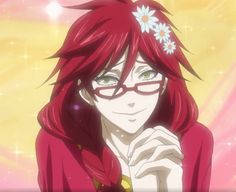 an anime character with red hair and glasses