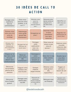 the 30 idees de call to action chart with different words and phrases on it