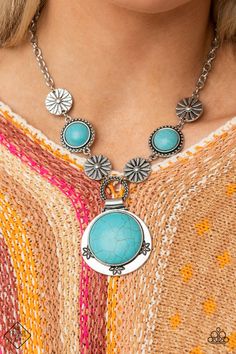 A rustic collection of floral embossed silver or copper medallions and turquoise or white stones encased in antiqued studded texture delicately connects below the collar. Embossed in matching floral patterns, an oversized turquoise or white stone pendant swings from the bottom of the earthy compilation for a seasonal fashion. Features an adjustable clasp closure. Santa Fe Jewelry, Paparazzi Fashion, Blue Stone Necklace, Turquoise Flowers, Turquoise Stones, Paparazzi Accessories, Authentic Design, Blue Necklace, Short Necklace