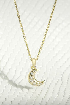 Crescent Moon Necklace by Carter Eve Jewelry Fine Jewelry Diamond Moon Phase Necklaces, Diamond Moon Phase Necklace Fine Jewelry, Moon Phase Diamond Necklace Fine Jewelry, Fine Jewelry Diamond Moon Phase Necklace, Fine Jewelry Crescent Moon Charm Necklace, Celestial Moon Shaped Jewelry With Rose Cut Diamonds, Crescent Diamond Necklace Gift, Celestial Moon-shaped Jewelry With Rose Cut Diamonds, Fine Jewelry Diamond Necklace With Moon Charm