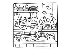 a black and white line drawing of food items on a kitchen counter with plates, pans, cups, and utensils