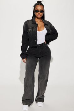 Black Jean Jacket Outfits, Bougie Outfits, Ripped Denim Jacket, Ombre Jeans, Black Jean Jacket, Jean Jacket Outfits, Fashion Nova Outfits, Black Jeans Outfit, Black Ombre