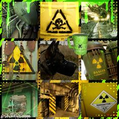 a collage of pictures with various signs and things to see on them, including a dog wearing a gas mask