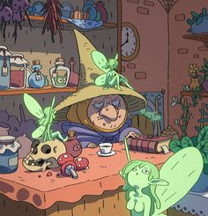 a cartoon character sitting at a table surrounded by plants and other things in the background