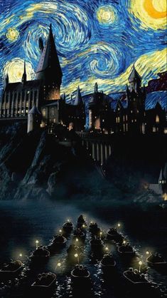 the hog potter's castle is lit up at night in front of a starry sky