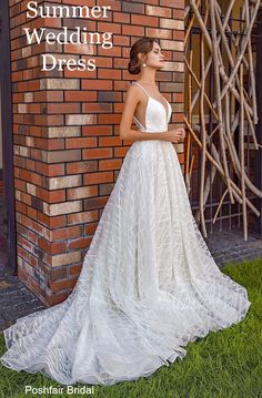 Sparkling Lace Boho Summer Wedding Dress in Aline Style with Chapel Train, Deep V Neck Low Back Puffy Wedding Dresses, Chapel Length Veil, City Bride, Buy Wedding Dress