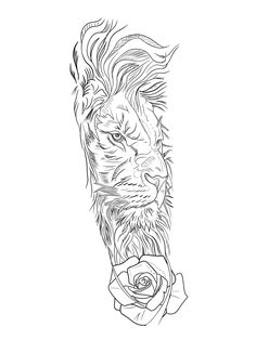 a black and white drawing of a lion with a rose in it's mouth