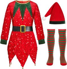 a red and green christmas outfit with matching socks