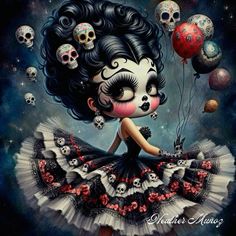 a painting of a girl with skulls on her face and dress, holding balloons in the air